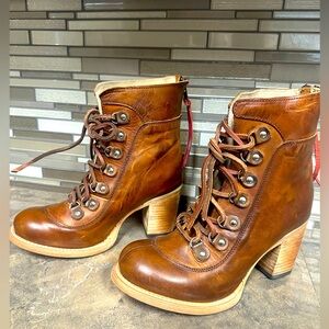 freebird Cognac Brown Leather Lace-Up Block Heel Boots